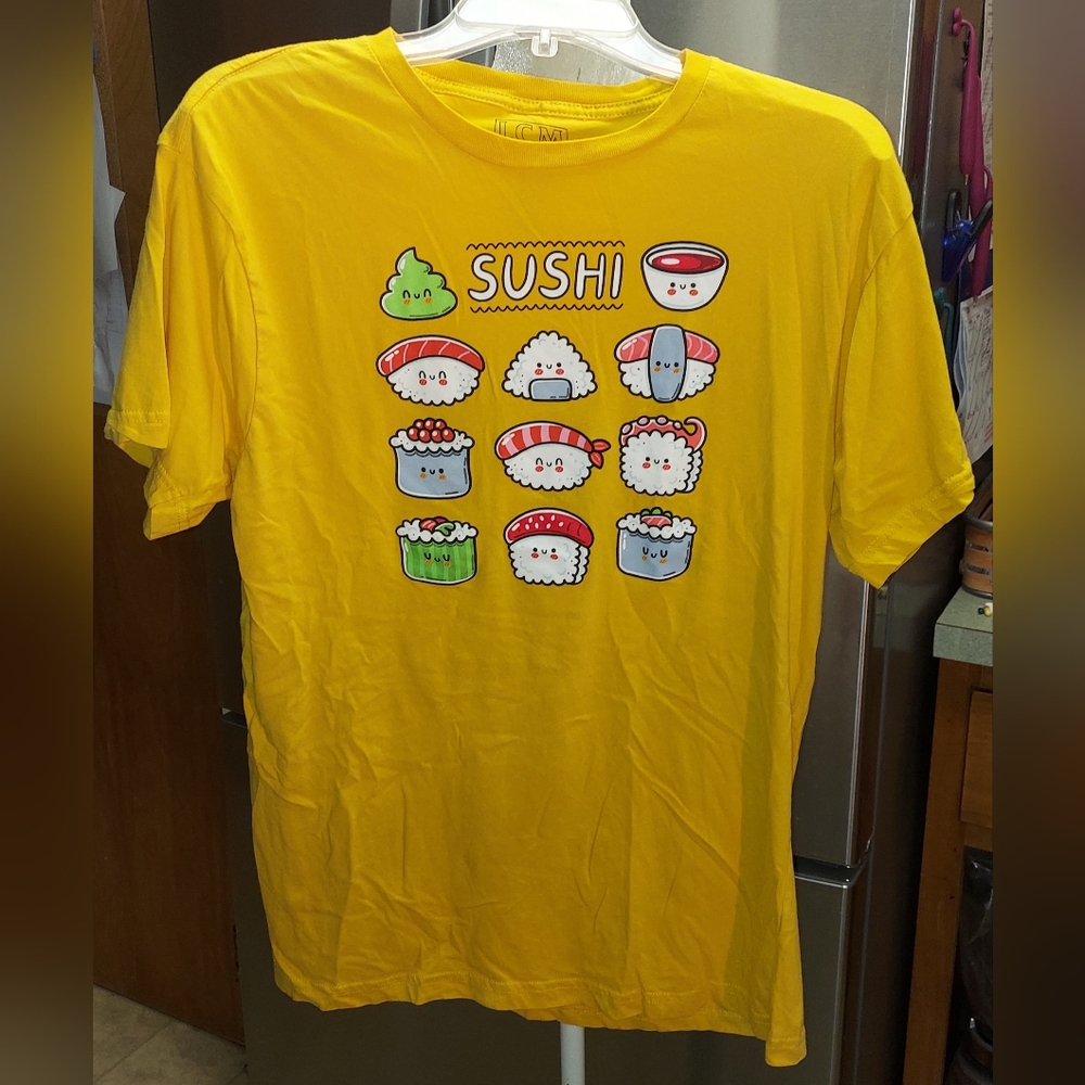 Sushi Lovers Wasabi Foodie Unisex Yellow Graphic T-Shirt Top in size Large